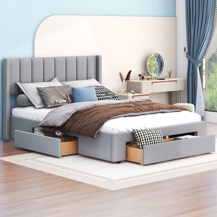 Queen Size Upholstered Platform Bed With One Large Drawer In The Footboard And Drawer On Each Side, Gray