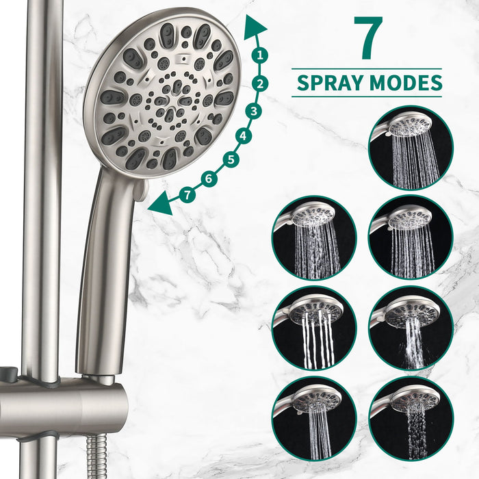 Drill - Free Stainless Steel Slide Bar Combo Rain Showerhead 7 Setting Hand, Dual Shower Head Spa System With Tup Spout (Rough-In Valve Included) - Brushed Nickel