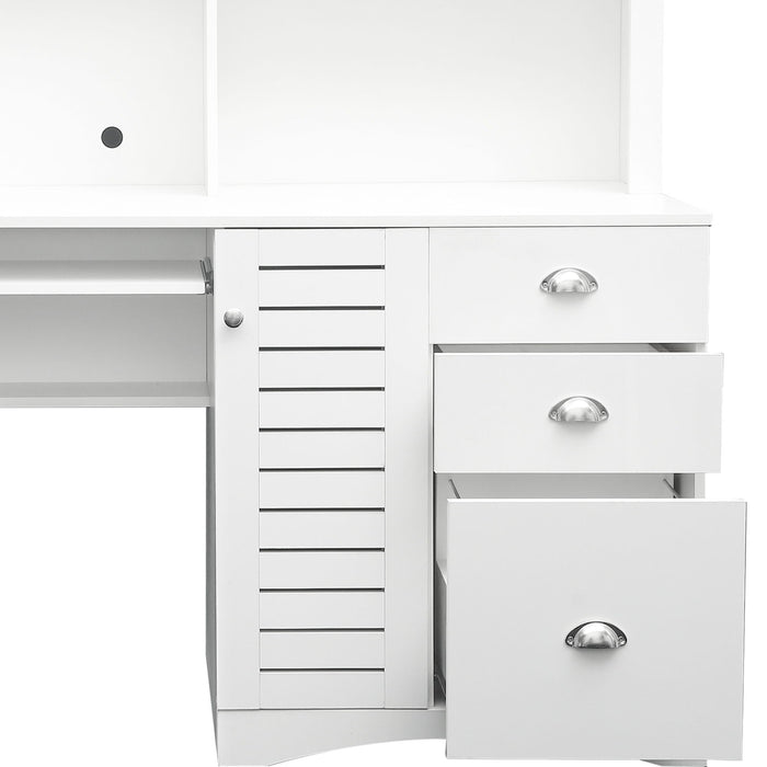Home Office Computer Desk With Hutch, Antiqued White Finish - White