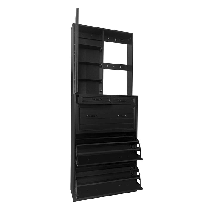On-Trend Multi-Functional Shoe Cabinet With 3 Flip Drawers, Elegant Hall Tree With Mirror, Freestanding Entryway Organizer Shoe Rack With 6 Hanging Hooks For Hallway, Black
