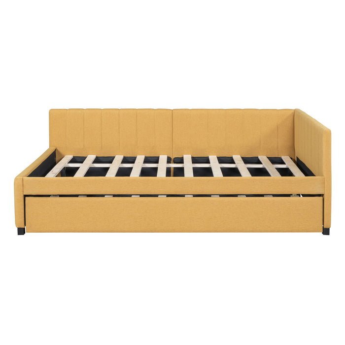 Full Size Upholstered Daybed With Trundle Sofa Bed Frame No Box Spring Needed, Linen Fabric (Yellow)