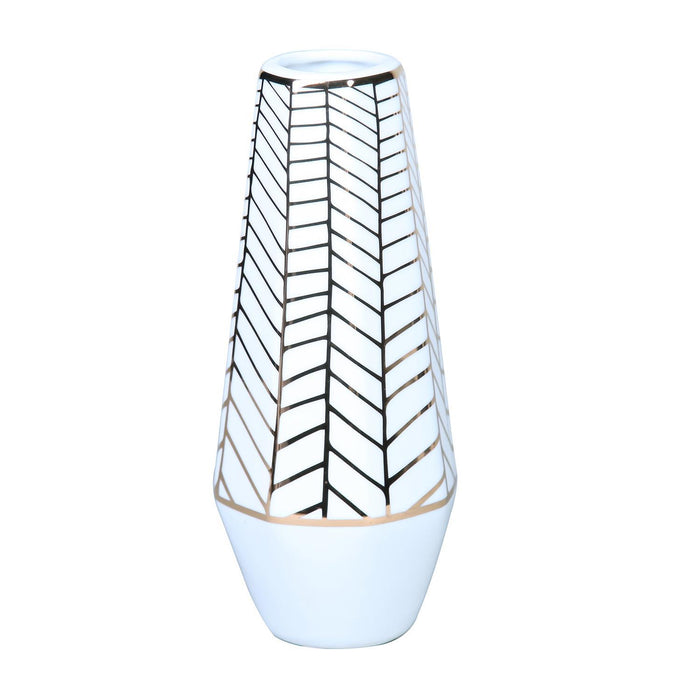 White Ceramic Vase With Gold Geometric Accent Design - Elegant And Versatile Home Decor