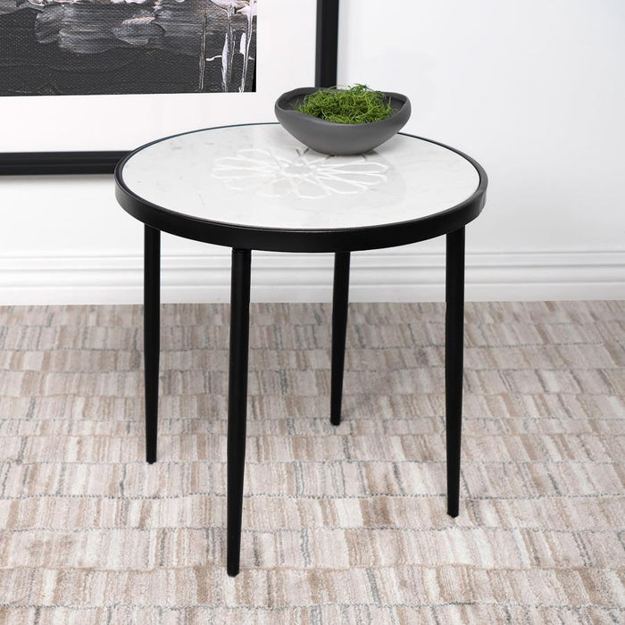 Kofi - Round Marble Top Side Table - White And Black