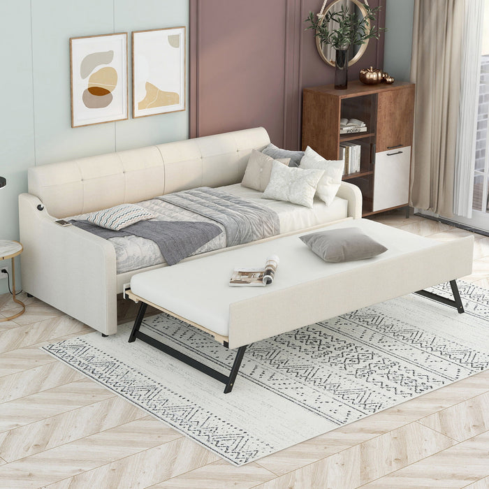 Twin Size Upholstery Daybed With Trundle And USB Charging Design, Trundle Can Be Flat Or Erected, Beige