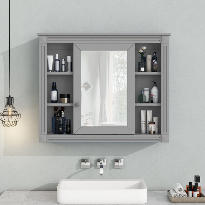 Wall Mounted Bathroom Storage Cabinet, Modern Bathroom Wall Cabinet With Mirror, Mirror Cabinet With 6 Open Shelves (Not Include Bathroom Vanity) - Grey
