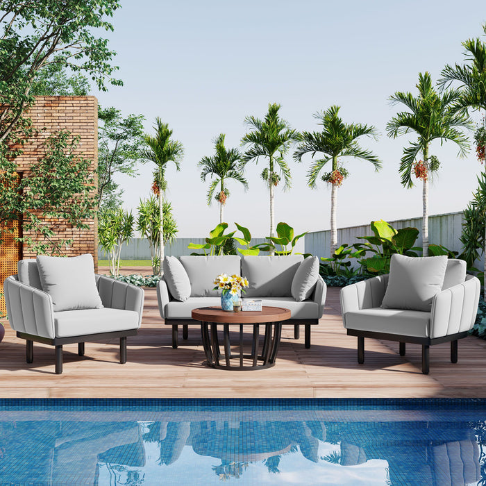 Topmax Luxury Modern 4 Piece Outdoor Iron Frame Conversation Set, Patio Chat Set With Acacia Wood Round Coffee Table For Backyard, Deck, Poolside, Indoor Use, Loveseat / Arm Chairs, Gray