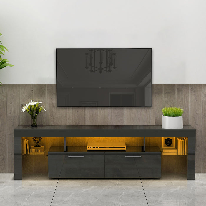 Black Morden TV Stand With LED Lights, High Glossy Front TV Cabinet, Can Be Assembled In Lounge Room, Living Room Or Bedroom - Black - Wood