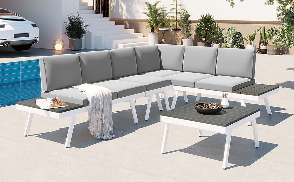 Top max Industrial 5 Piece Aluminum Outdoor Patio Furniture Set, Modern Garden Sectional Sofa Set With End Tables, Coffee Table And Furniture Clips For Backyard, White / Gray