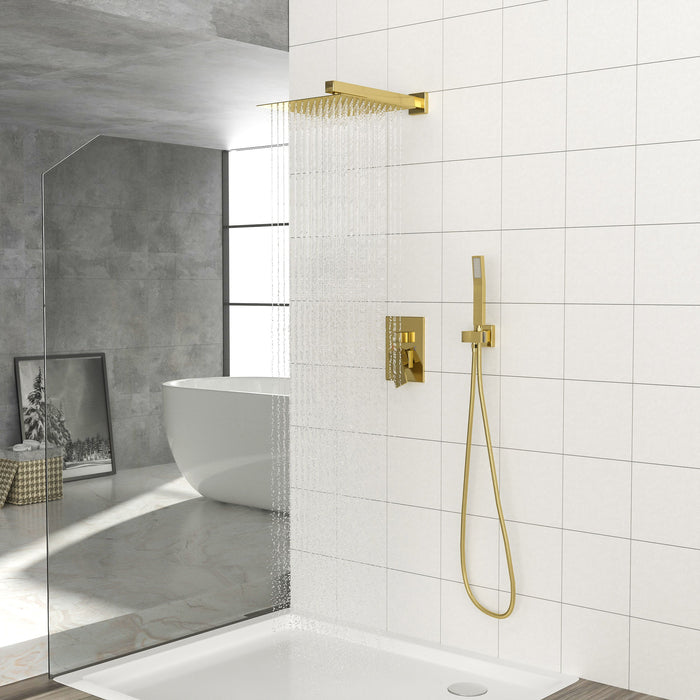 Dual Shower Head - 12" Wall Mounted Square Shower System With Rough-In Valve, Gold