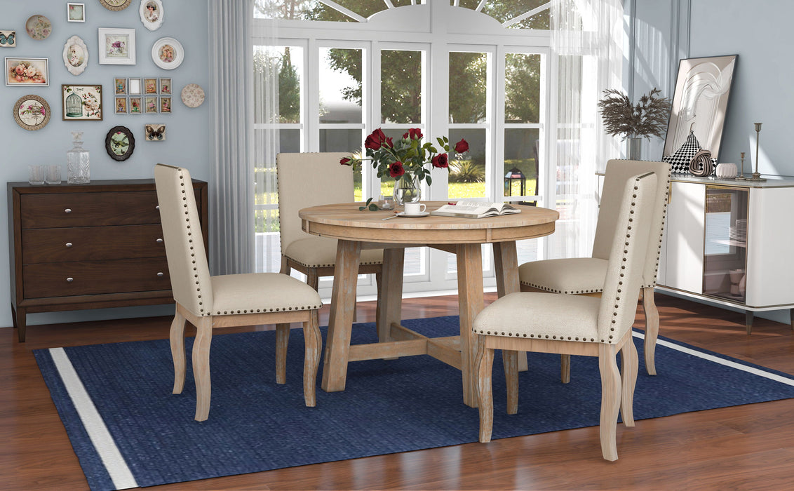 Trexm 5 Piece Farmhouse Dining Table Set Wood Round Extendable Dining Table And 4 Upholstered Dining Chairs (Natural Wood Wash)