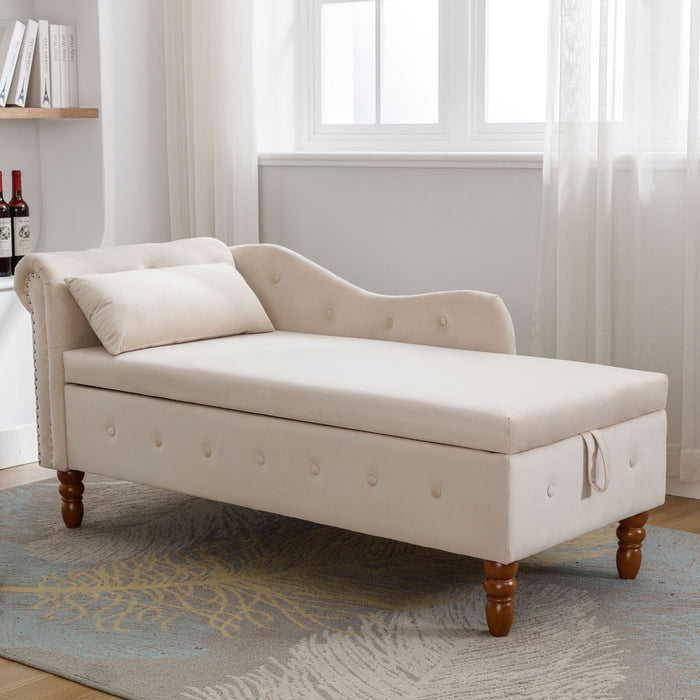 Beige Chaise Lounge Indoor, Lounge Chair For Bedroom With Storage & Pillow, Modern Upholstered Rolled Arm Chase Lounge