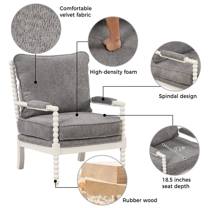 The Spindal Chair Velvet Accent Chair With Ottoman, Modern Lounge Accent Chair With Armrests Pad, Reading Chair With Footrest For Small Space, Living Room, White / Gray
