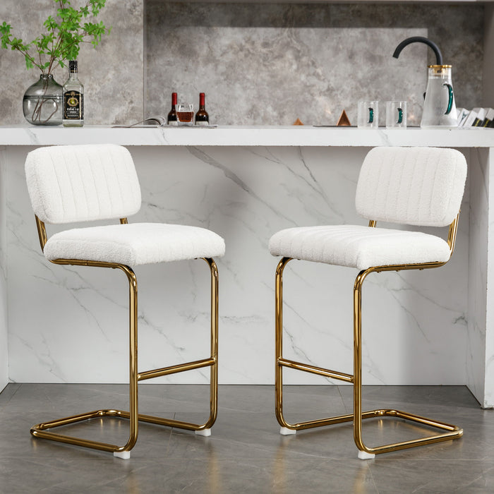 Mid-Century Modern Counter Height Bar Stools For Kitchen (Set of 2), Armless Bar Chairs With Gold Metal Chrome Base For Dining Room, Upholstered Boucle Fabric Counter Stools, Ivory