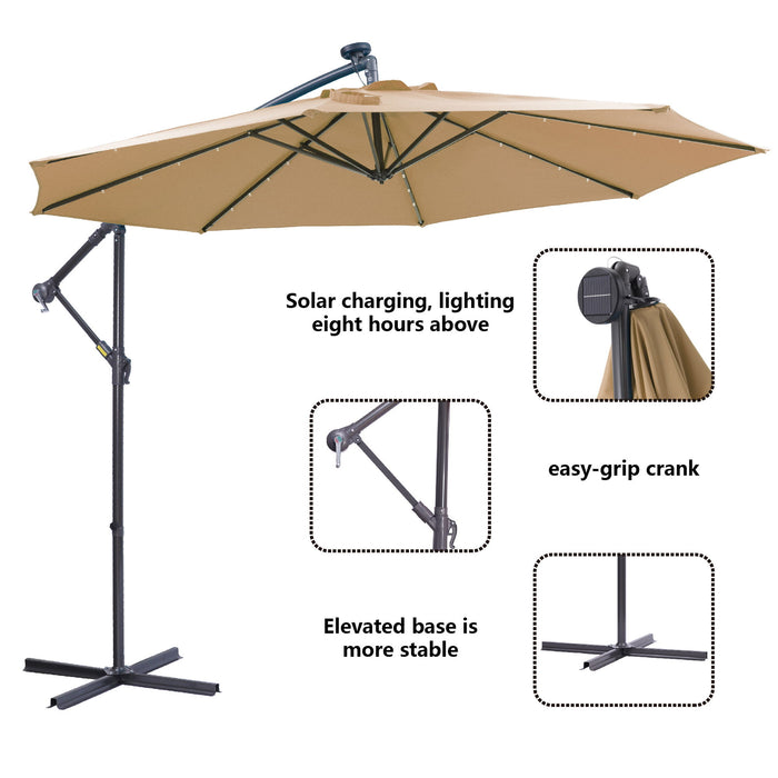 10 Ft Solar LED Patio Outdoor Umbrella Hanging Cantilever Umbrella Offset Umbrella Easy Open Adustment With 32 LED Lights - Taupe