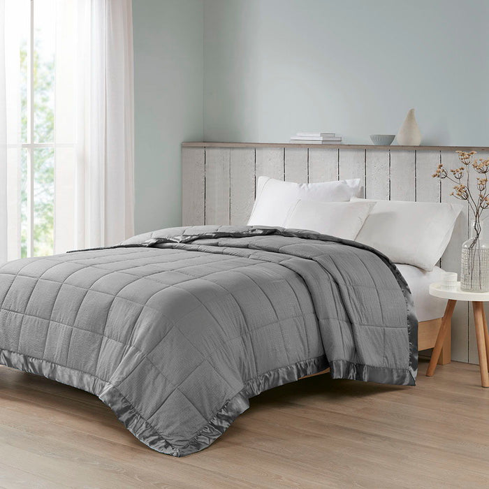 Oversized Down Alternative Blanket With Satin Trim In Charcoal