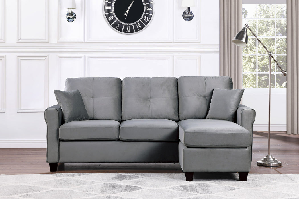 Reversible Configuration 1 Piece Sectional Sofa With 2 Pillows Gray Velvet Fabric Upholstered Tufted Back Living Room Furniture