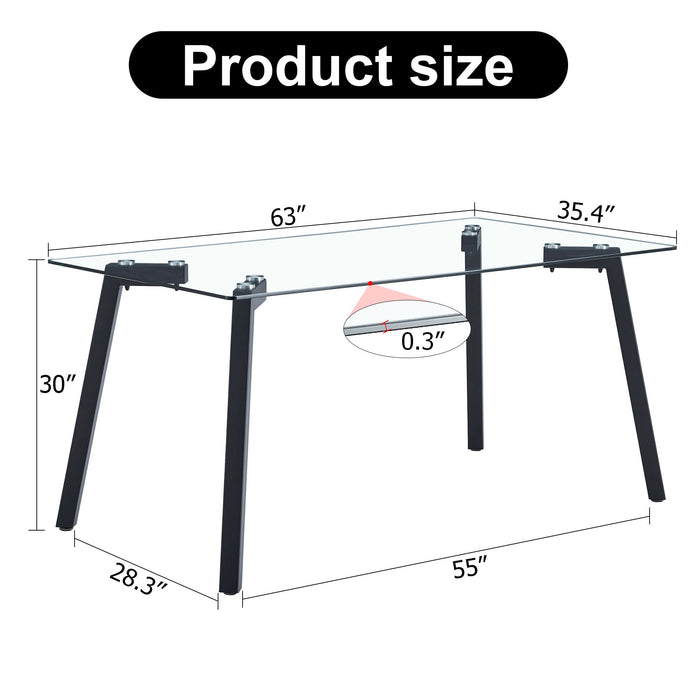 Modern Minimalist Rectangular Glass Dining Table With 0.31" Tempered Glass Tabletop And Black Coating Metal Legs, Writing Table Desk, For Kitchen Dining Living Room