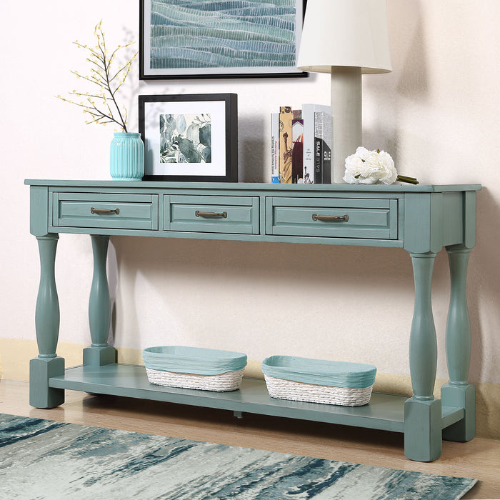 63 Inch Long Wood Console Table With 3 Drawers And 1 Bottom Shelf For Entryway Hallway Easy Assembly Extra-Thick Sofa Table (Retro Blue)