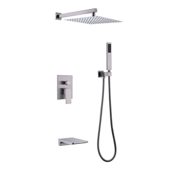 Trustmade Wall Mounted Square Rainfall Pressure Balanced Complteted Shower System With Rough In Valve, 3 Function, 10 Inches - Brushed Nickel