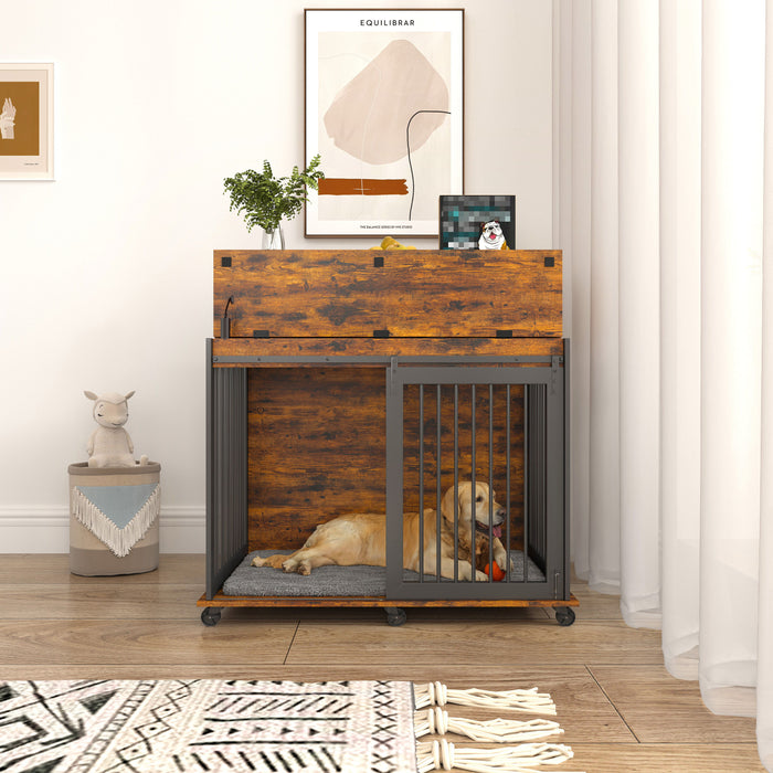 Furniture Type Dog Cage Iron Frame Door With Cabinet, Top Can Be Opened And Closed Rustic Brown