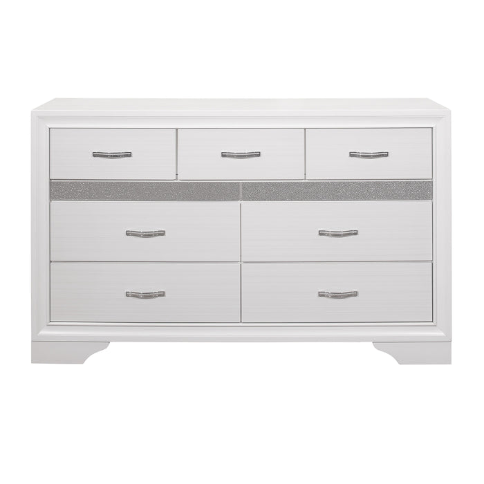 Modern Glam Dresser Of 7 Drawers White And Silver Glitter Hidden Jewelry Drawers Ball Bearing Glides Modern Wooden Bedroom Furniture