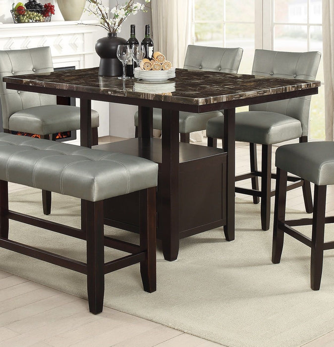 Dining Room Furniture 6 Pieces Counter Height Dining Set Dining Table Storage 4 High Chairs 1 Bench Silver Faux Leather Tufted Seats Faux Marble Table Top