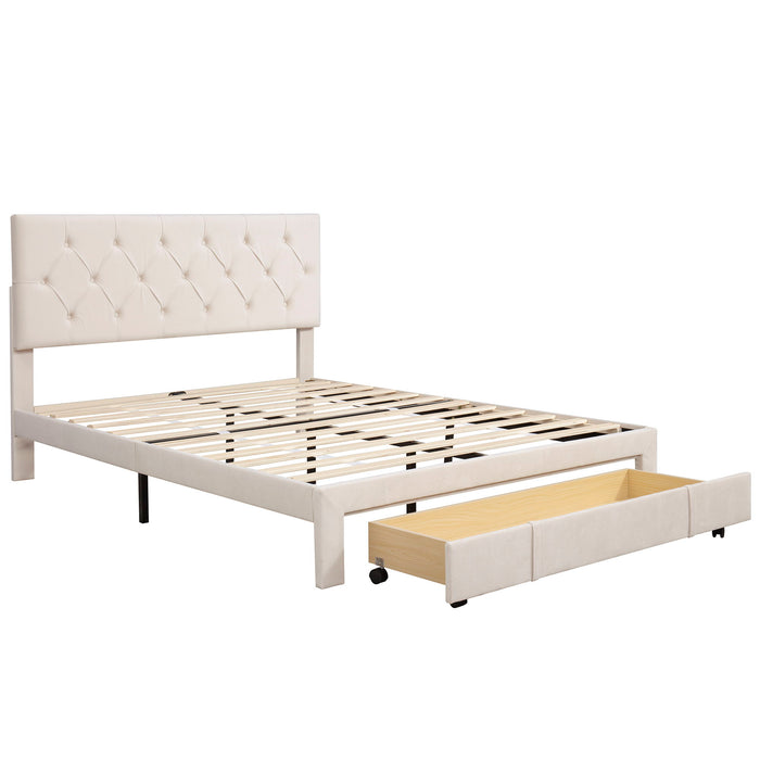 Queen Size Storage Bed Velvet Upholstered Platform Bed With A Big Drawer Beige
