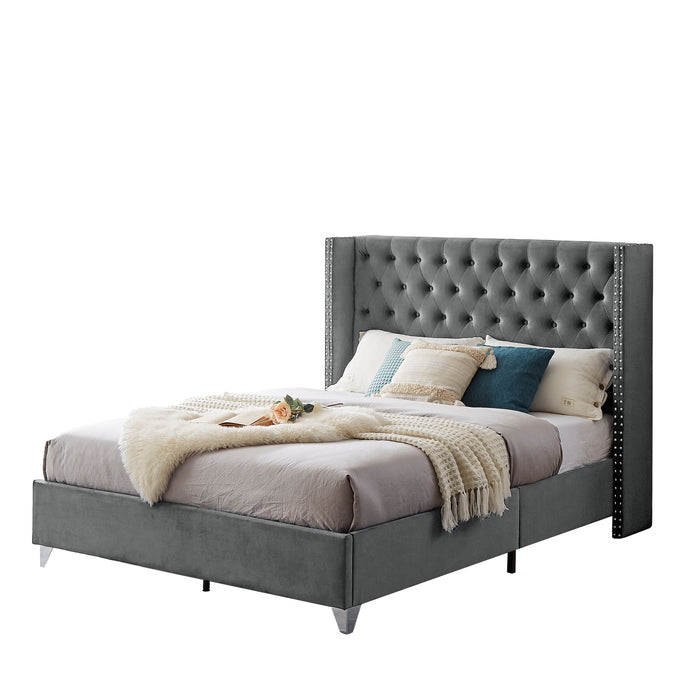 B100S Queen Bed, Button Designed Headboard, Strong Wooden Slats And Metal Support Feet - Gray Flannelette