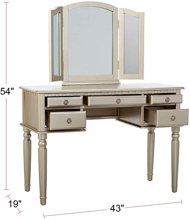 Bedroom Contemporary Vanity Set Foldable Mirror Stool Drawers Silver Color