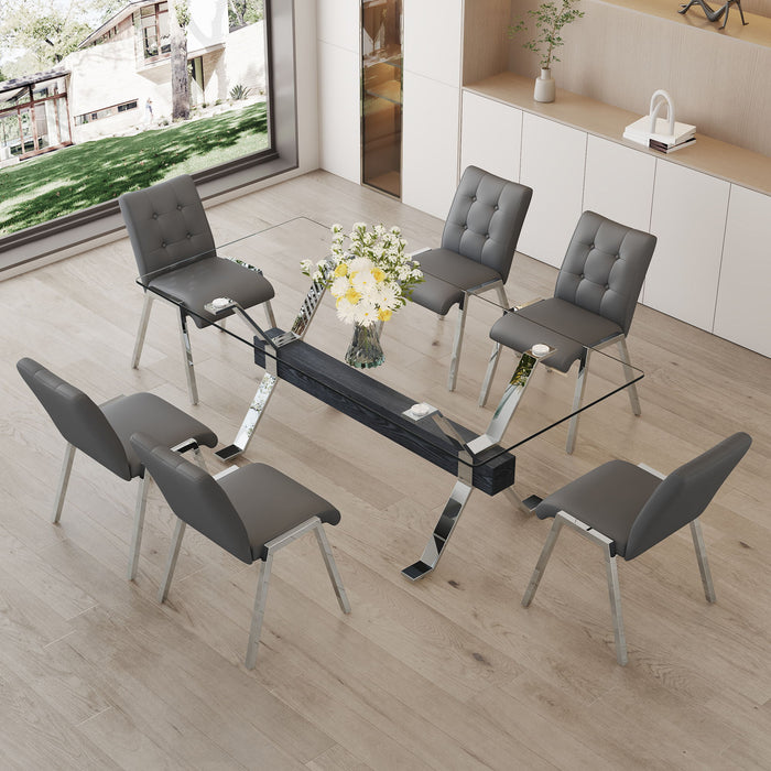 Table And Chair Set, Suitable For Home And Office Use Glass Desktop With Silver Metal Legs And MDF Crossbar, Paired With Grey Checkered Armless High Back Dining Chairs (1 Table And 6 Chairs)