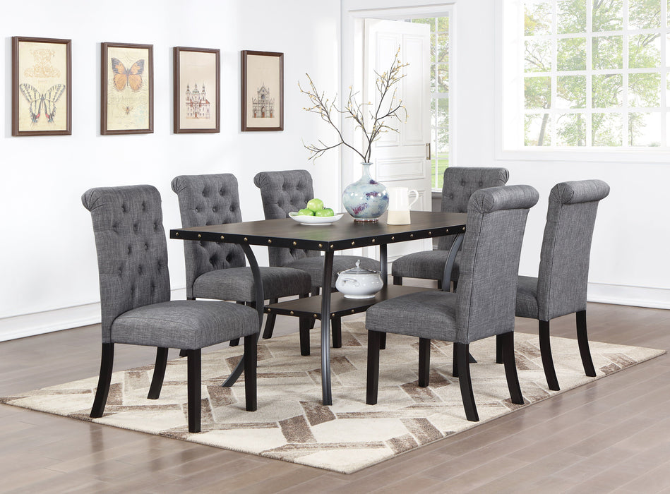 Classic Dining Room Furniture Natural Wooden Rectangle Top Dining Table 6 Side Chairs Charcoal Fabric Tufted Toll Back Top Back Chair Nail Heads Trim And Storage Shelve 7 Pieces Dining Set