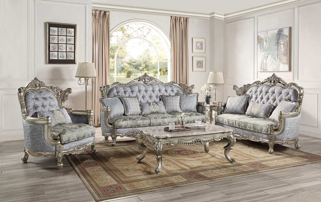 Acme Miliani Loveseat With 3 Pillows, Fabric & Antique Bronze Finish