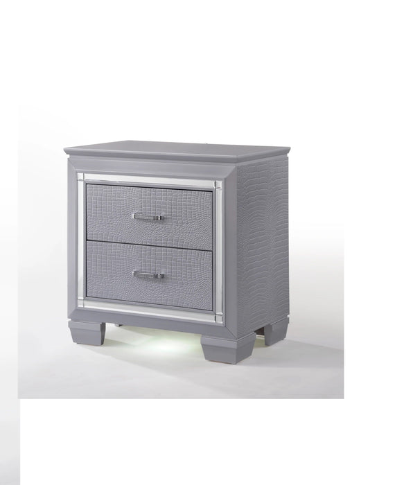 1 Piece Modern & Glam Style Two Drawers Nightstand Solid Wood Built-In Night Light Silver Crocodile Finish
