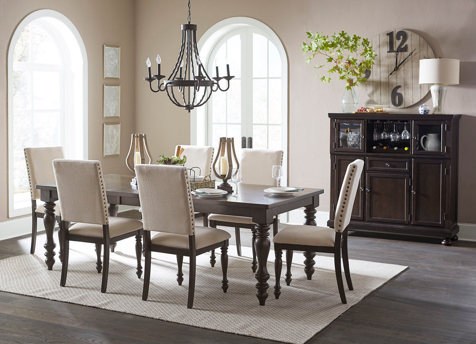 Fabric Upholstery Side Chairs 2 Pieces Set Grayish Brown Finish Wood Frame Nailhead Trim Turned Legs Dining Furniture