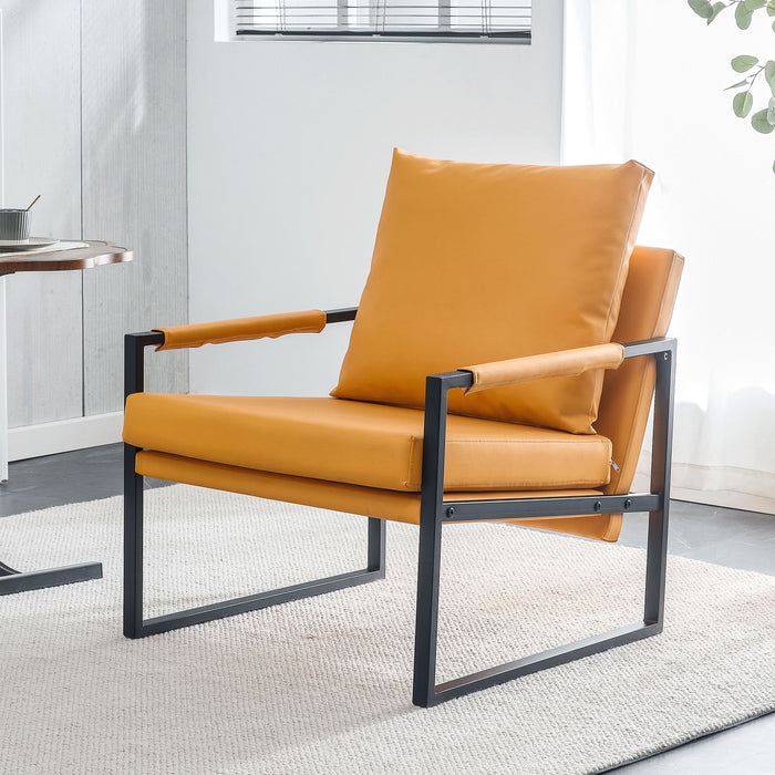Pu Leather Armchair, Medieval Metal Frame Cushion Backrest Living Room Sofa Chair (Orange PU Leather + Metal Frame + Foam + 2 Pieces)