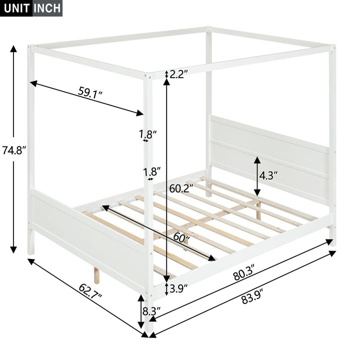 Queen Size Canopy Platform Bed With Headboard And Footboard, Slat Support Leg White