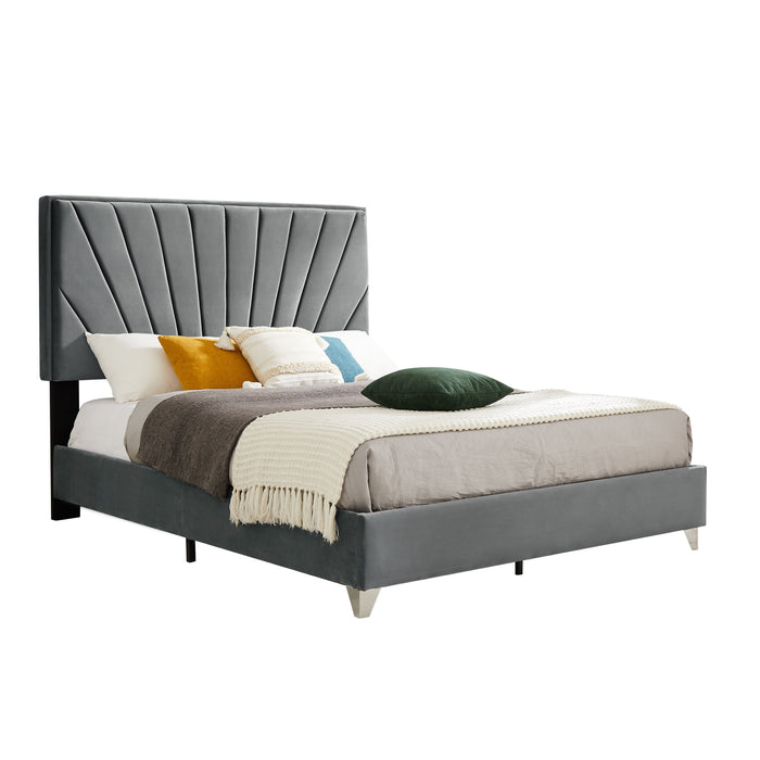 B108 Full Bed Beautiful Line Stripe Cushion Headboard, Strong Wooden Slats And Metal Support Feet - Gray Flannelette