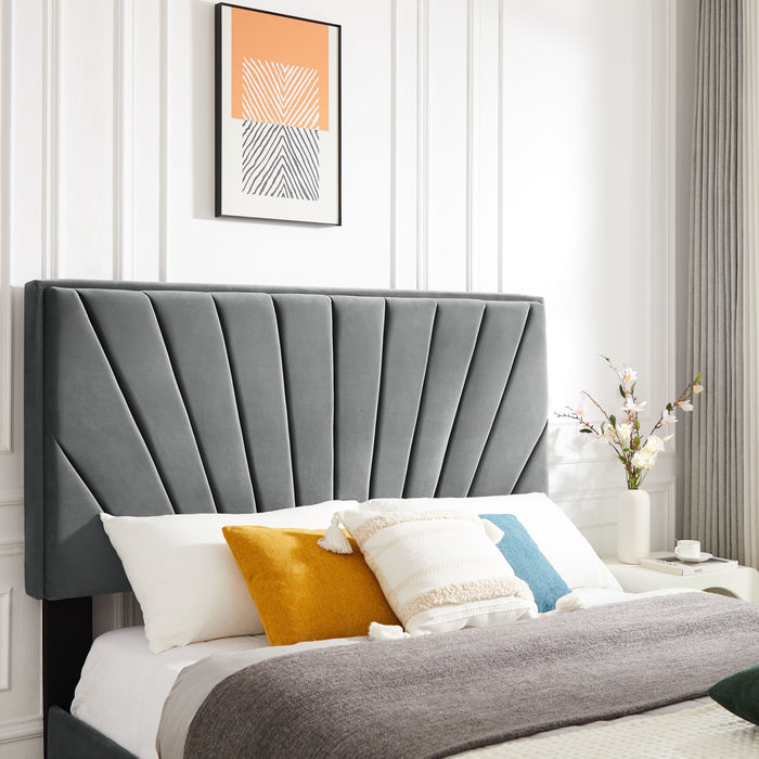 B108 Full Bed With Two Nightstands, Beautiful Line Stripe Cushion Headboard, Strong Wooden Slats And Metal Legs With Electroplate - Gray