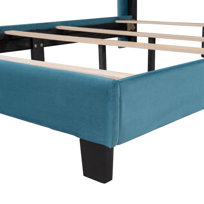 Queen Size Velvet Upholstered Platform Bed, Box Spring Needed Blue