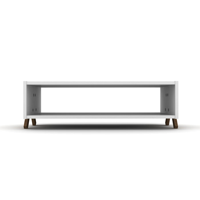 Ht Design Kipp Cross Legs Wooden Frame Rectengular Coffee Table For Living Rooms With Interior Shelving, Walnut/White