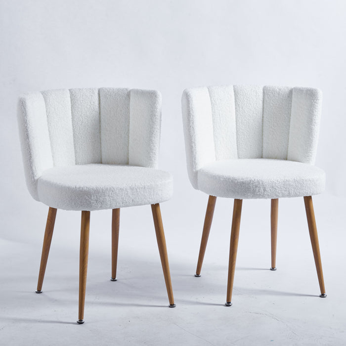 Modern White Dining Chair (Set of 2) With Iron Tube Wood Color Legs, Shorthair Cushions And Comfortable Backrest, Suitable For Dining Room, Cafe, Simple Structure.