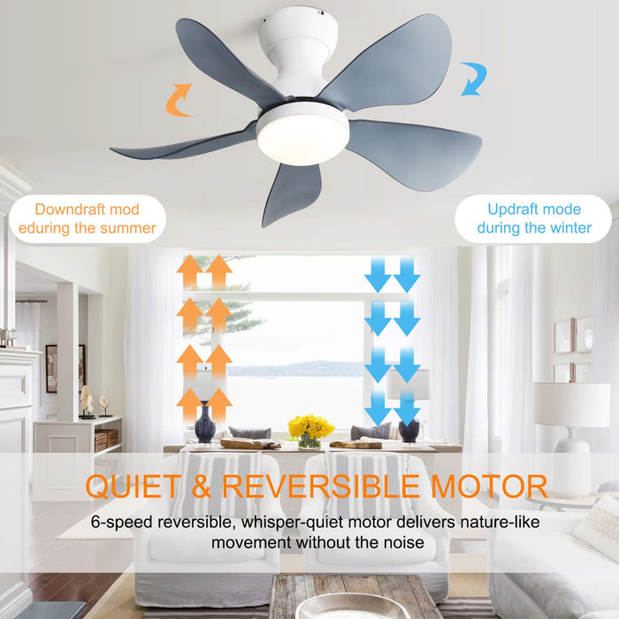 Small Ceiling Fan Flush Mount 5 Reversible Blades With Led Dimmable Light