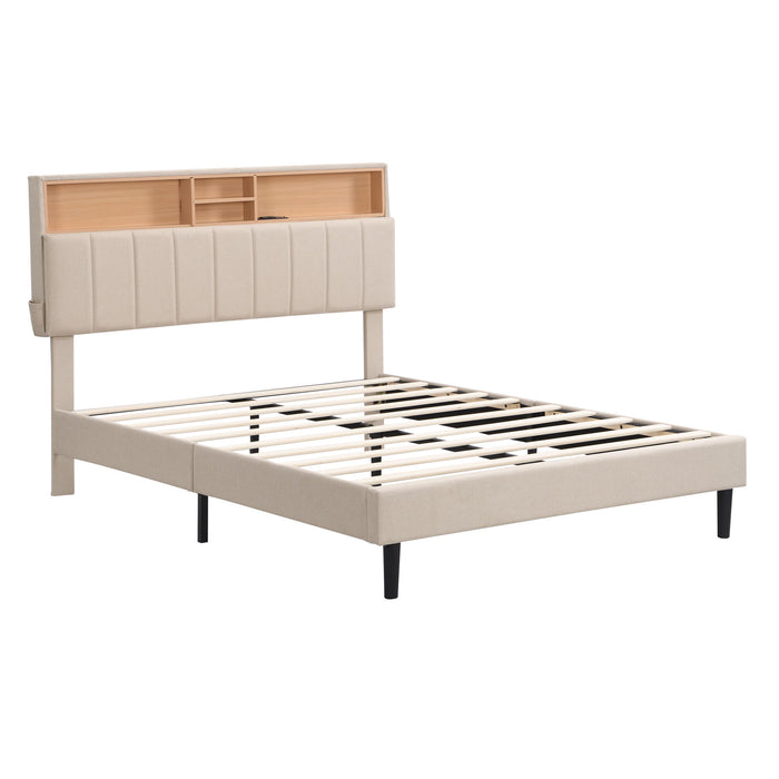Full Size Upholstered Platform Bed With Storage Headboard And USB Port, Linen Fabric Upholstered Bed (Beige)
