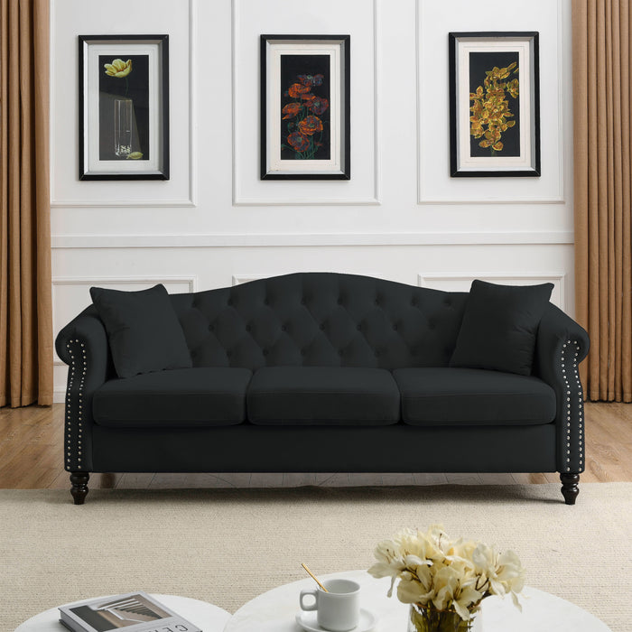 Chesterfield Sofa Black Velvet For Living Room, 3 Seater Sofa Tufted Couch With Rolled Arms And Nailhead For Living Room, Bedroom, Office, Apartment, 3 Seater / 3 Seater
