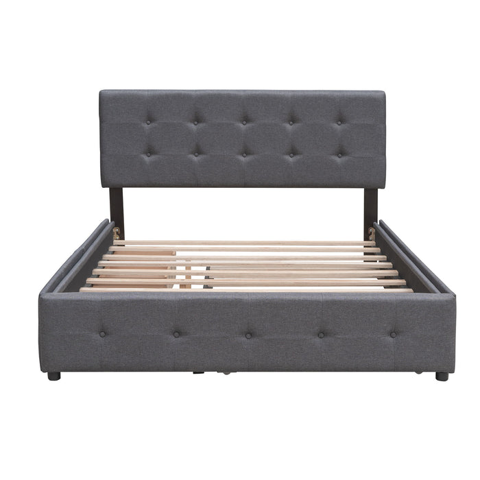 Upholstered Platform Bed With 2 Drawers And 1 Twin Long Trundle, Linen Fabric, Queen Size - Dark Gray