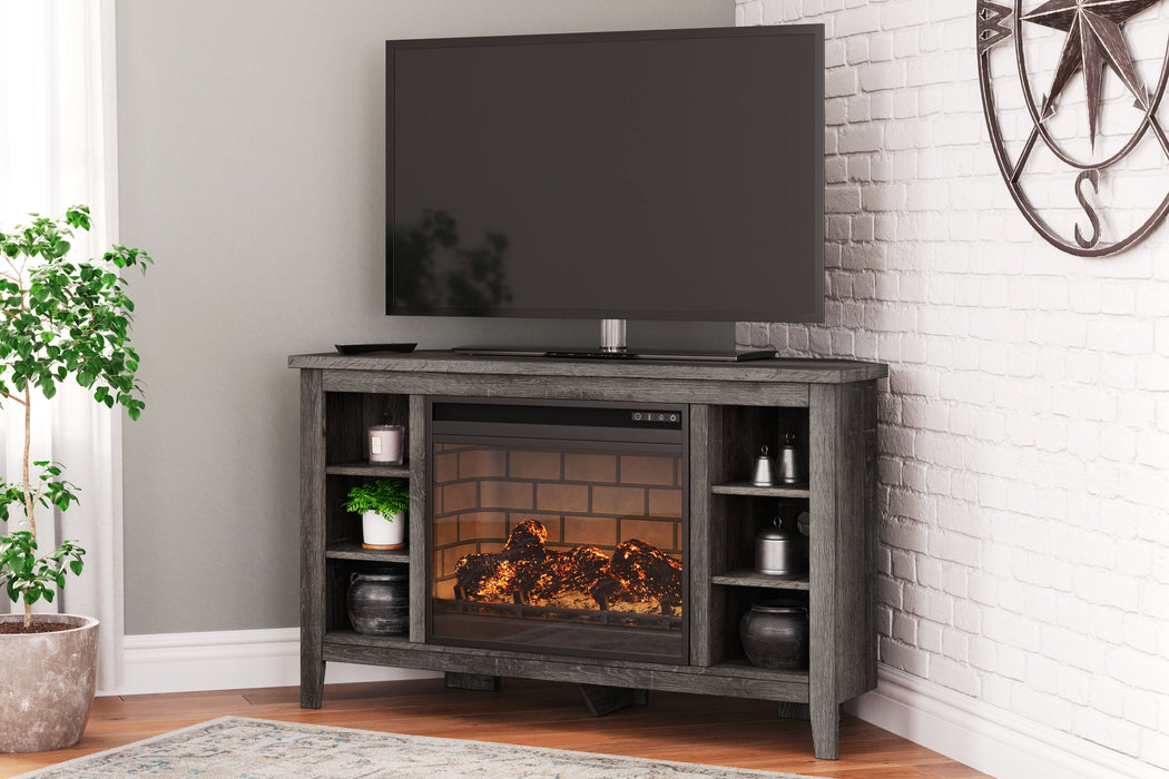 Arlenbry - Gray - Corner TV Stand With Faux Firebrick Fireplace Insert Unique Piece Furniture