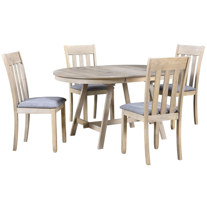 Trexm 5 Piece Wood Dining Table Set Round Extendable Dining Table With 4 Dining Chairs, Dining Room Table Set For 4 Person For Dining Room (Natural Wood Wash)