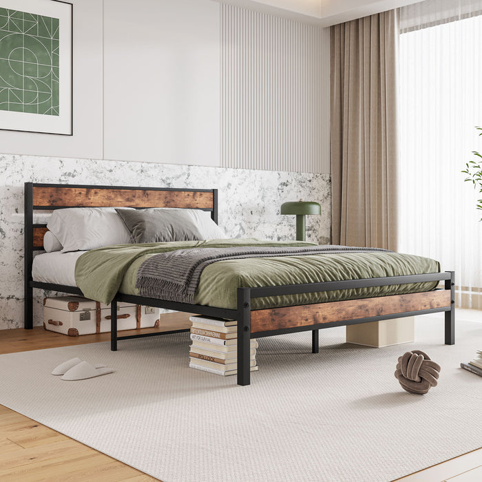 Queen Size Platform Bed Frame With Rustic Vintage Wood Headboard Strong Metal Slats Support, No Box Spring Needed