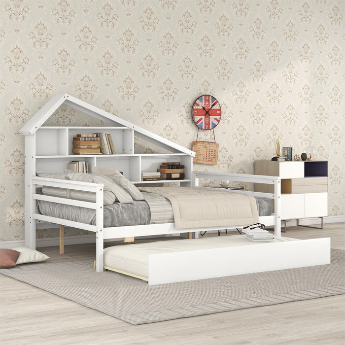 Full Size Platform Bed With Trundle And Shelves, White