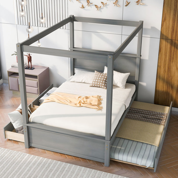 Wood Canopy Bed With Trundle Bed And Two Drawers, Full Size Canopy Platform Bed With Support Slats .No Box Spring Needed, Brushed Gray